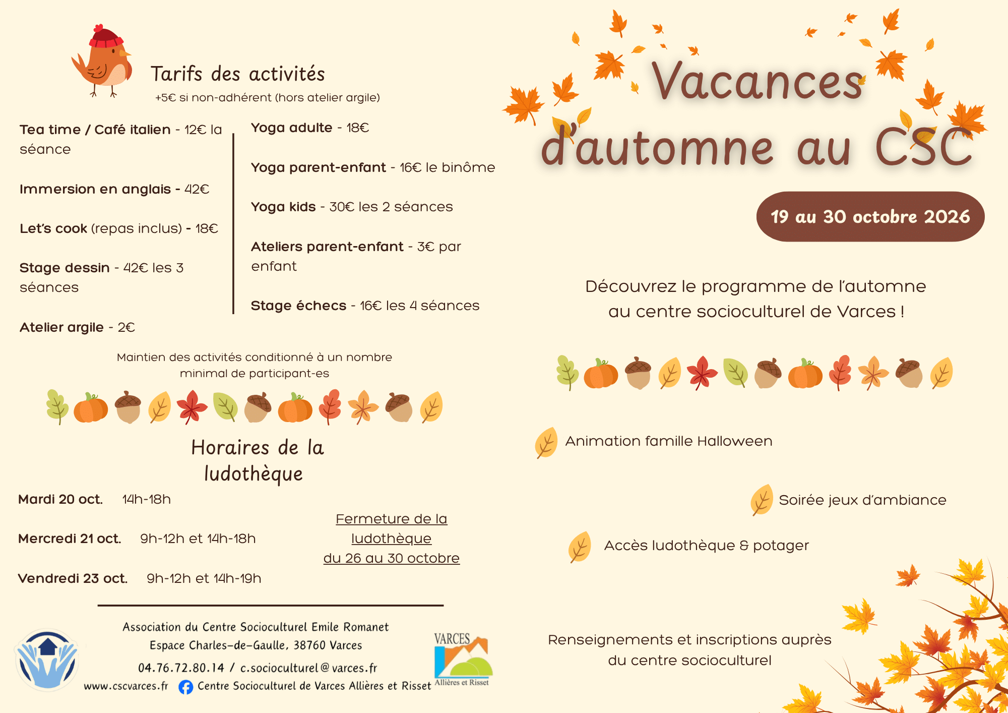 Programme des vacances d’automne 2026